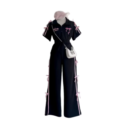 Women's Summer Bow-Tie Co-ord Set – Printed Polo Shirt & Wide-Leg Trousers