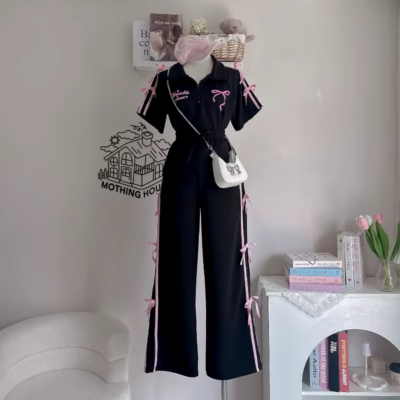 Women's Summer Bow-Tie Co-ord Set – Printed Polo Shirt & Wide-Leg Trousers