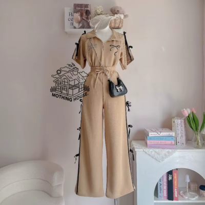 Women's Summer Bow-Tie Co-ord Set – Printed Polo Shirt & Wide-Leg Trousers