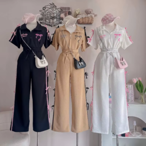 Women's Summer Bow-Tie Co-ord Set – Printed Polo Shirt & Wide-Leg Trousers