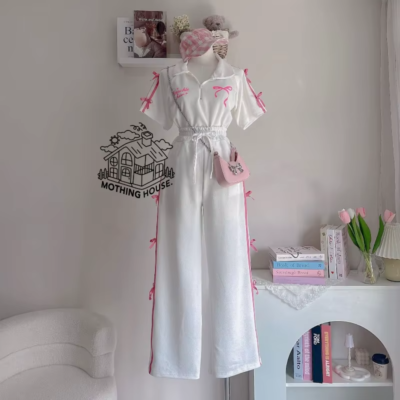 Women's Summer Bow-Tie Co-ord Set – Printed Polo Shirt & Wide-Leg Trousers