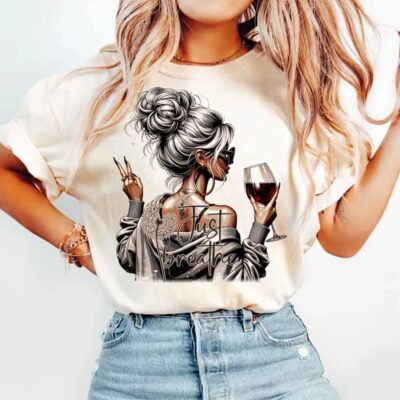 Just Breathe" Wine Girl Heat Transfer Sticker | Easy DIY Clothing Decal